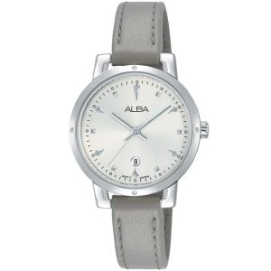 Ah7p61x1 alba watch women silver white dial leather gray strap quartz movt japan analog three hand fashion