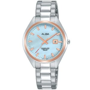 Ah7q10x1 alba watch women blue mother of pearl dial stainless steel water resist 5bar metal silver strap quartz movt japan analog three hand prestige