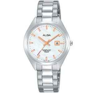 Ah7q11x1 alba watch women white mother of pearl dial stainless steel water resist 5bar metal silver strap quartz movt japan analog three hand prestige