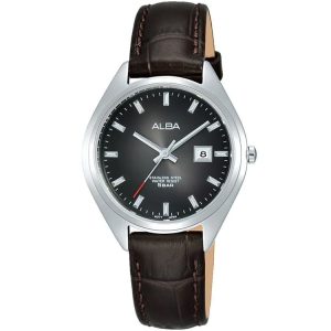 Ah7q13x1 alba watch women black dial leather brown strap quartz movt japan analog stainless steel water resist 5bar three hand prestige