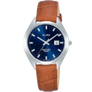 Ah7q15x1 alba watch women blue dial leather havan strap quartz movt japan analog stainless steel water resist 5bar three hand prestige