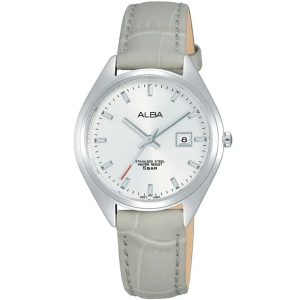 Ah7q17x1 alba watch women silver white dial leather gray strap quartz movt japan analog stainless steel water resist 5bar three hand prestige