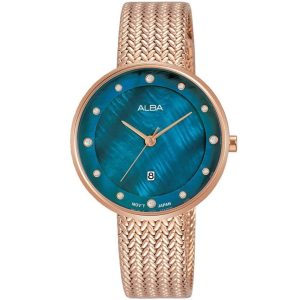 Ah7q22x1 alba watch women mother of pearl blue dial stainless steel metal rose gold mesh strap quartz movt japan analog three hand fashion