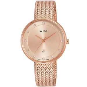 Ah7q24x1 alba watch women rose gold dial stainless steel metal mesh strap quartz movt japan analog three hand fashion