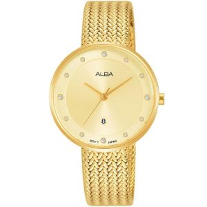Ah7q26x1 alba watch women gold dial stainless steel metal golden mesh strap quartz movt japan analog three hand fashion