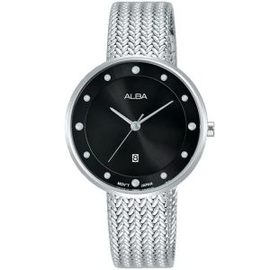 Ah7q27x1 alba watch women black dial stainless steel metal silver mesh strap quartz movt japan analog three hand fashion
