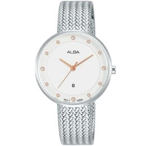 Ah7q29x1 alba watch women white dial stainless steel metal silver mesh strap quartz movt japan analog three hand fashion