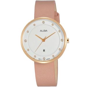 Ah7q30x1 alba watch women white dial leather pink strap quartz movt japan analog three hand fashion