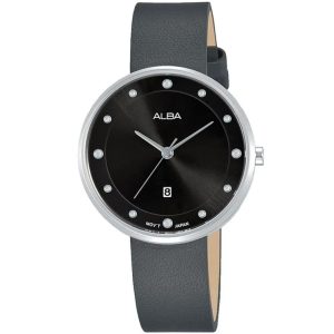 Ah7q31x1 alba watch women black dial leather gray strap quartz movt japan analog three hand fashion