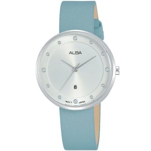 Ah7q33x1 alba watch women silver white dial leather blue strap quartz movt japan analog three hand fashion
