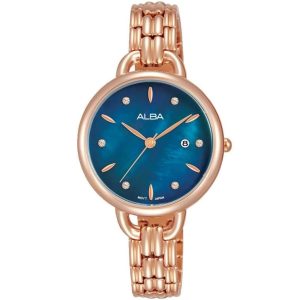 Ah7q34x1 alba watch women blue mother of pearl dial stainless steel metal rose gold strap quartz movt japan analog three hand fashion