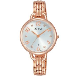 Ah7q36x1 alba watch women silver white dial stainless steel metal rose gold strap quartz movt japan analog three hand fashion