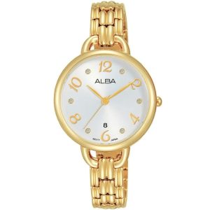 Ah7q38x1 alba watch women silver white dial stainless steel metal gold strap quartz movt japan analog three hand fashion
