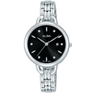 Ah7q39x1 alba watch women black dial stainless steel metal silver strap quartz movt japan analog three hand fashion