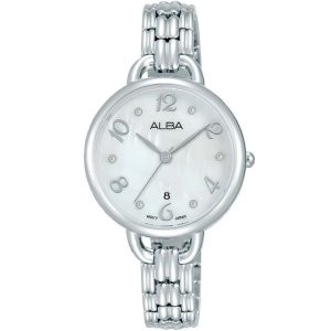 Ah7q41x1 alba watch women silver mother of pearl dial stainless steel metal strap quartz movt japan analog three hand fashion