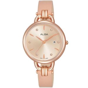 Ah7q42x1 alba watch women rose gold dial leather pink strap quartz movt japan analog three hand fashion