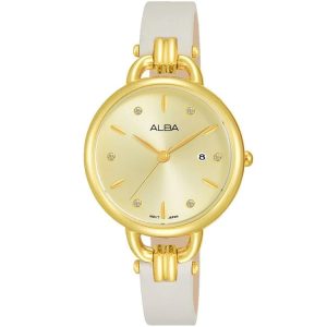 Ah7q44x1 alba watch women gold dial leather light grey strap quartz movt japan analog three hand fashion