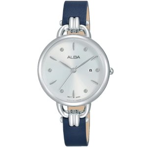 Ah7q45x1 alba watch women silver white dial leather blue strap quartz movt japan analog three hand fashion