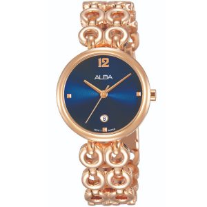 Ah7q48x1 alba watch women blue dial stainless steel metal rose gold strap quartz movt japan analog three hand fashion