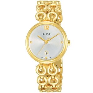 Ah7q50x1 alba watch women silver white dial stainless steel metal gold strap quartz movt japan analog three hand fashion