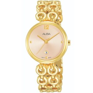 Ah7q52x1 alba watch women pink dial stainless steel metal gold strap quartz movt japan analog three hand fashion