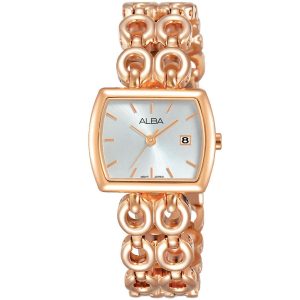 Ah7q60x1 alba watch women silver white dial stainless steel metal rose gold strap quartz movt japan analog square three hand fashion