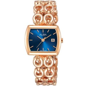 Ah7q62x1 alba watch women blue dial stainless steel metal rose gold strap quartz movt japan analog square three hand fashion