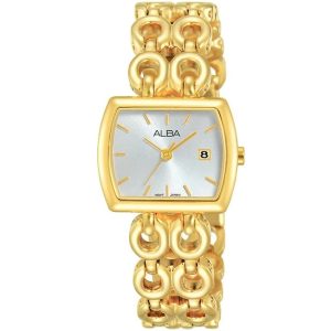 Ah7q64x1 alba watch women silver white dial stainless steel metal gold strap quartz movt japan analog square three hand fashion