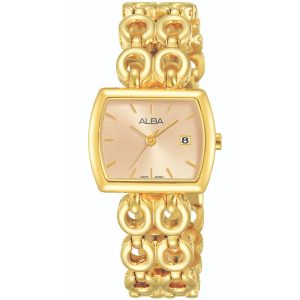 Ah7q66x1 alba watch women rose gold dial stainless steel metal golden strap quartz movt japan analog square three hand fashion