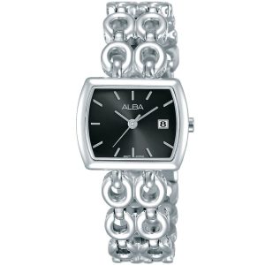 Ah7q67x1 alba watch women black dial stainless steel metal silver strap quartz movt japan analog square three hand fashion