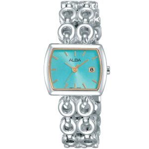 Ah7q71x1 alba watch women blue dial stainless steel metal silver strap quartz movt japan analog square three hand fashion