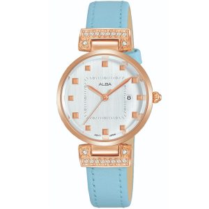 Ah7q78x1 alba watch women gray dial leather blue strap quartz movt japan analog three hand fashion