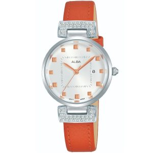 Ah7q79x1 alba watch women silver white dial leather orange strap quartz movt japan analog three hand fashion