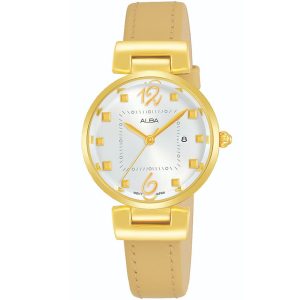 Ah7q80x1 alba watch women silver white dial leather beige strap quartz movt japan analog three hand fashion
