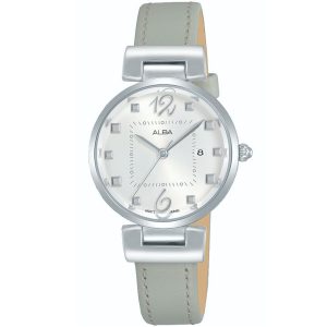 Ah7q81x1 alba watch women silver white dial leather gray strap quartz movt japan analog three hand fashion
