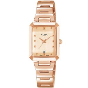 Ah7q84x1 alba watch women rose gold dial stainless steel metal strap quartz movt japan analog square three hand fashion