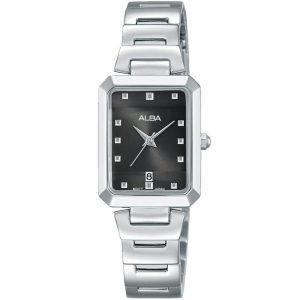 Ah7q87x1 alba watch women gray dial stainless steel metal silver strap quartz movt japan analog square three hand fashion