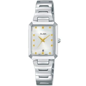 Ah7q89x1 alba watch women silver white dial stainless steel metal strap quartz movt japan analog square three hand fashion