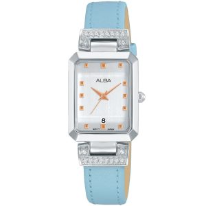 Ah7q91x1 alba watch women gray dial leather blue strap quartz movt japan analog square three hand fashion