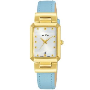 Ah7q92x1 alba watch women silver white dial leather blue strap quartz movt japan analog square three hand fashion