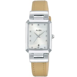 Ah7q93x1 alba watch women silver white dial leather beige strap quartz movt japan analog square three hand fashion