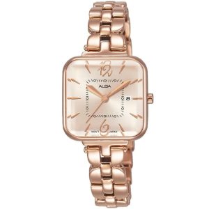 Ah7r64x1 alba watch women pink dial stainless steel metal rose gold strap quartz movt japan analog square three hand fashion