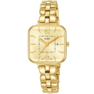 Ah7r66x1 alba watch women gold dial stainless steel metal golden strap quartz movt japan analog square three hand fashion