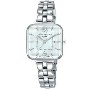 Ah7r69x1 alba watch women mother of pearl white dial stainless steel metal silver strap quartz movt japan analog square three hand fashion