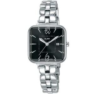 Ah7r71x1 alba watch women black dial stainless steel metal silver strap quartz movt japan analog square three hand fashion