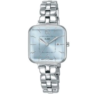 Ah7r73x1 alba watch women blue dial stainless steel metal silver strap quartz movt japan analog square three hand fashion