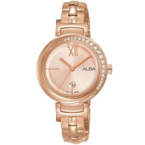 Ah7r74x1 alba watch women pink dial stainless steel metal rose gold strap quartz movt japan analog diamond three hand fashion