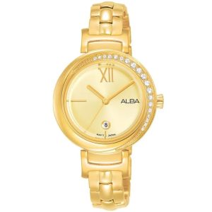 Ah7r76x1 alba watch women gold dial stainless steel metal golden strap quartz movt japan analog diamond three hand fashion