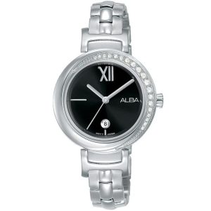 Ah7r79x1 alba watch women black dial stainless steel metal silver strap quartz movt japan analog diamond three hand fashion