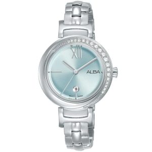 Ah7r81x1 alba watch women blue dial stainless steel metal silver strap quartz movt japan analog diamond three hand fashion